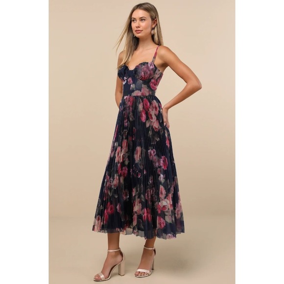 NWT LULUS Alluring Invite Pleated Bustier Midi Dress Navy Blue Floral Size  Large - www.threedaughtersproperties.com